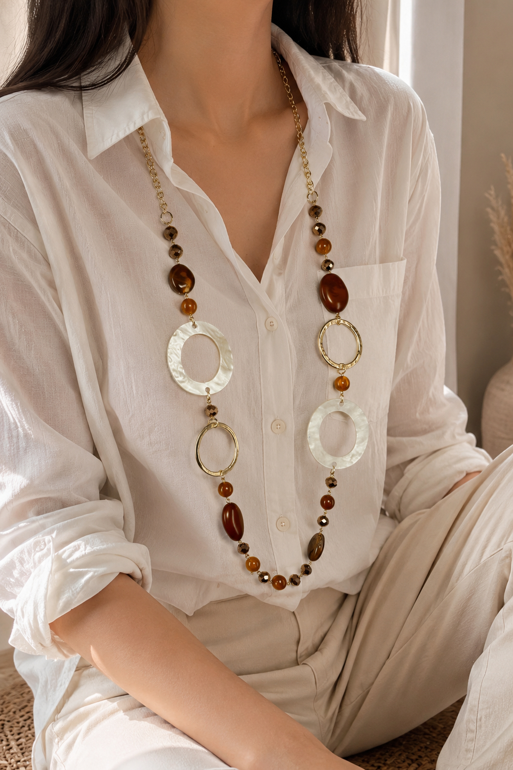 Off White, Brown & Orange Acrylic Necklace