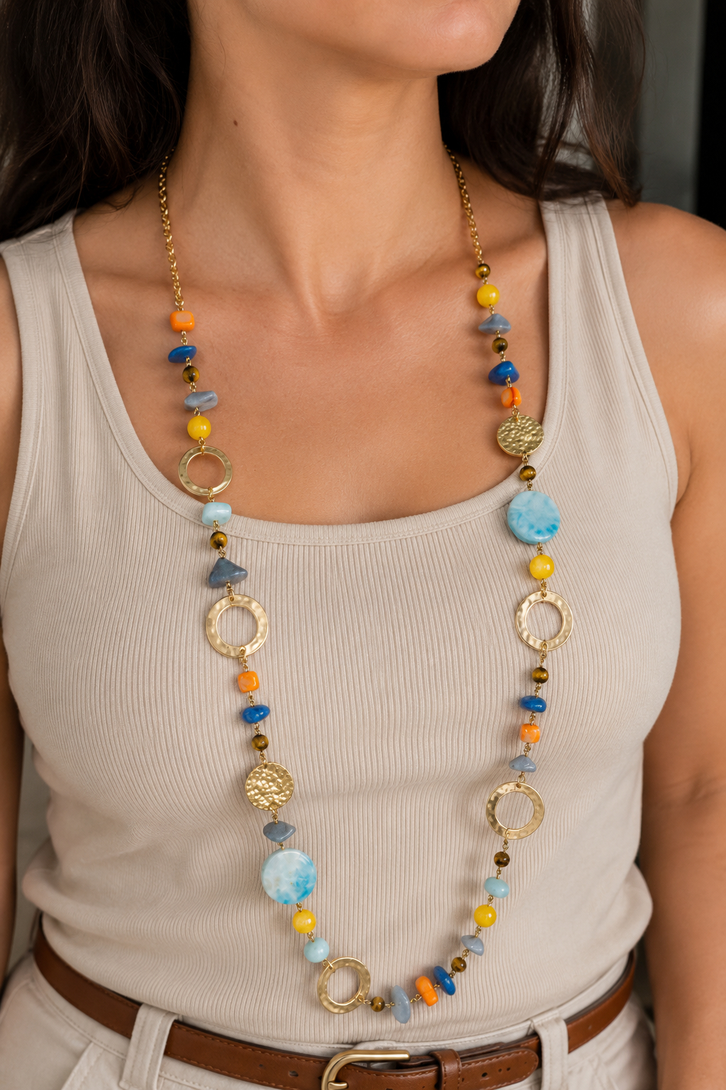 Acrylic & Brass Necklace with Colorful Stones