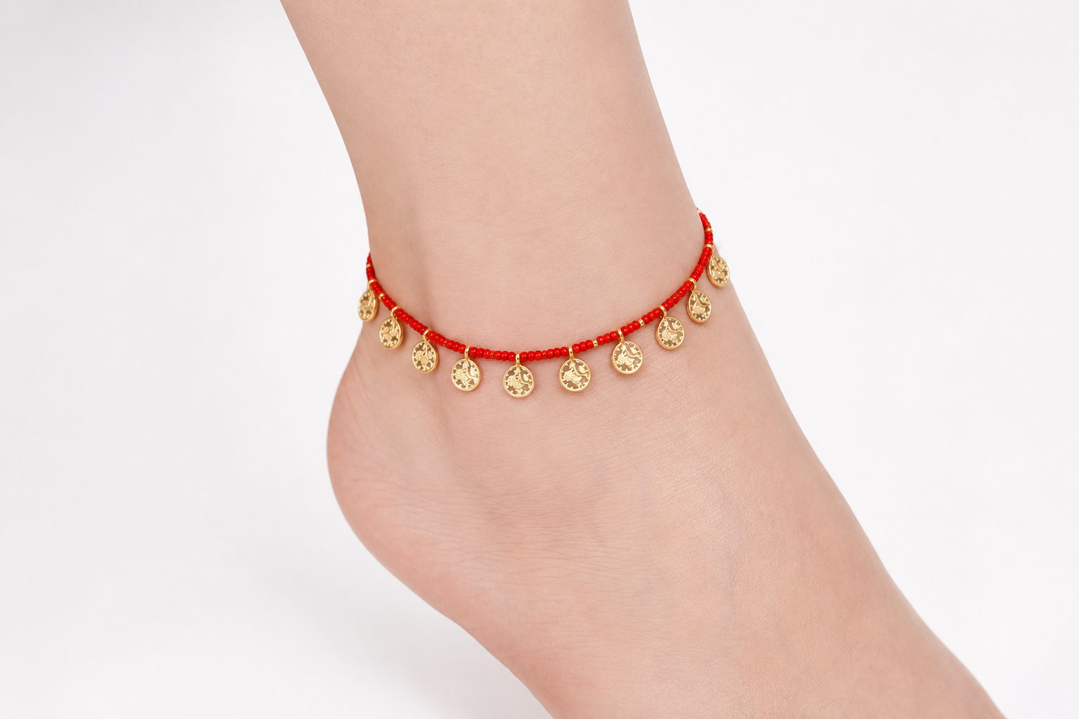 Red Coral Coin Charm Anklet