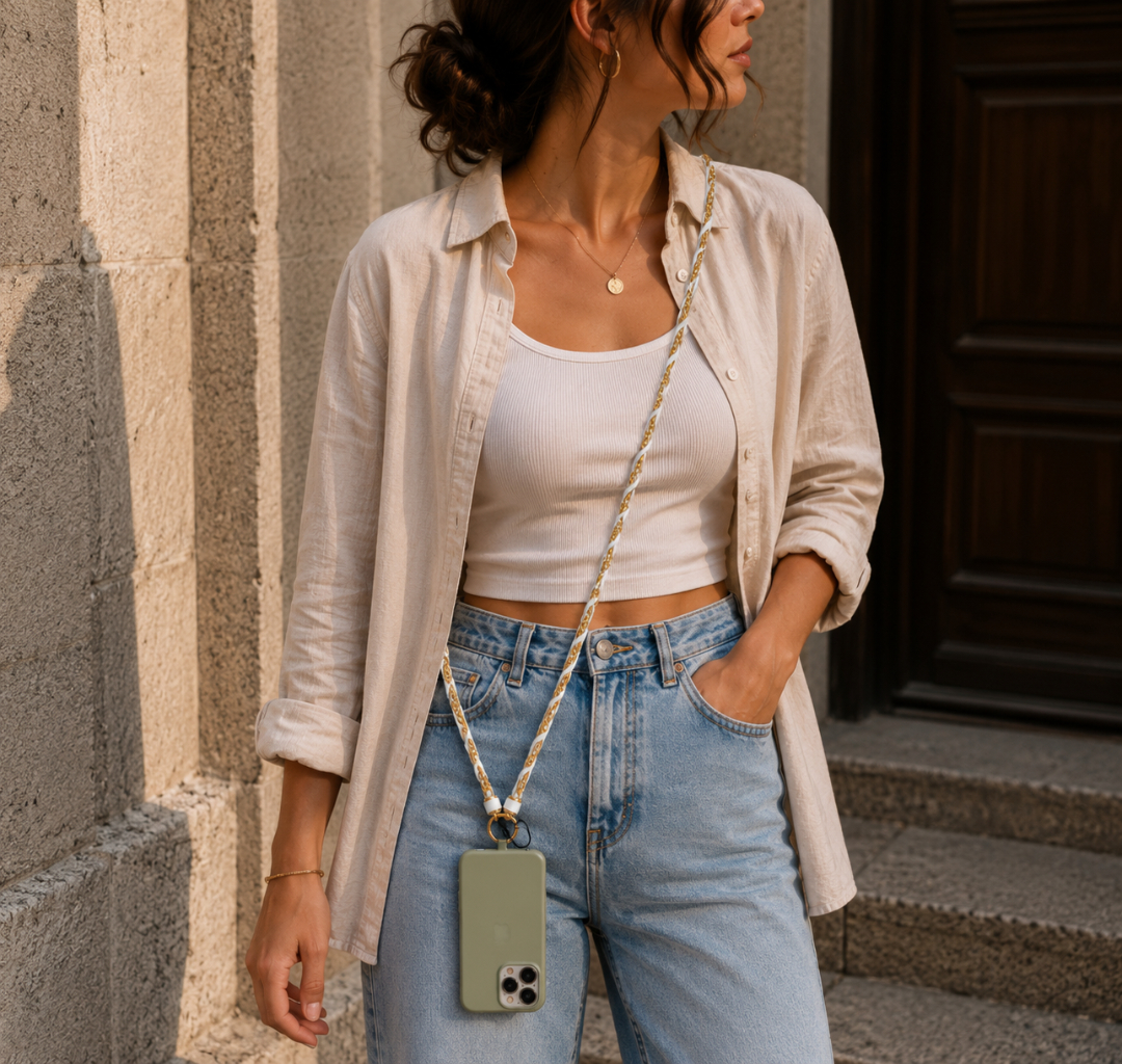 Braided White Leather & Gold Chain Mobile Strap