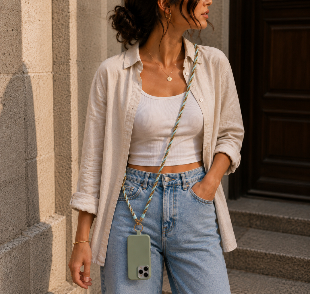 Braided Light Blue Leather & Gold Chain Mobile Strap
