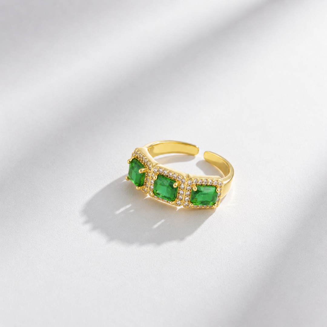Triple Emerald Zircon Ring– Brass Gold Plated - Image 3