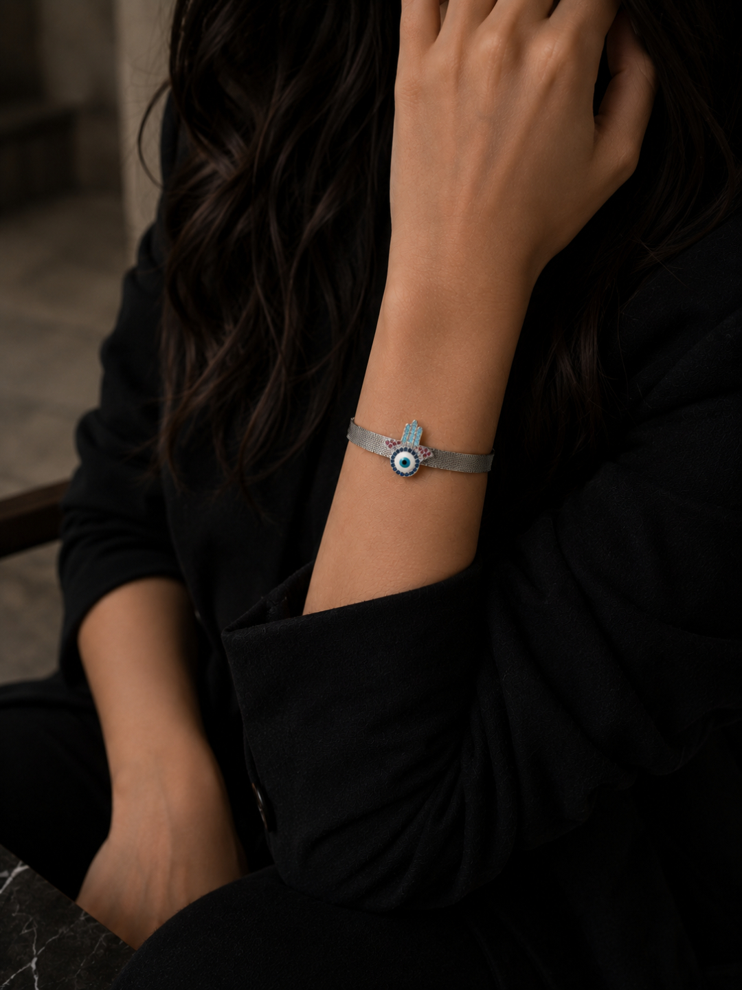Silver Hamsa Evil Eye Bracelet