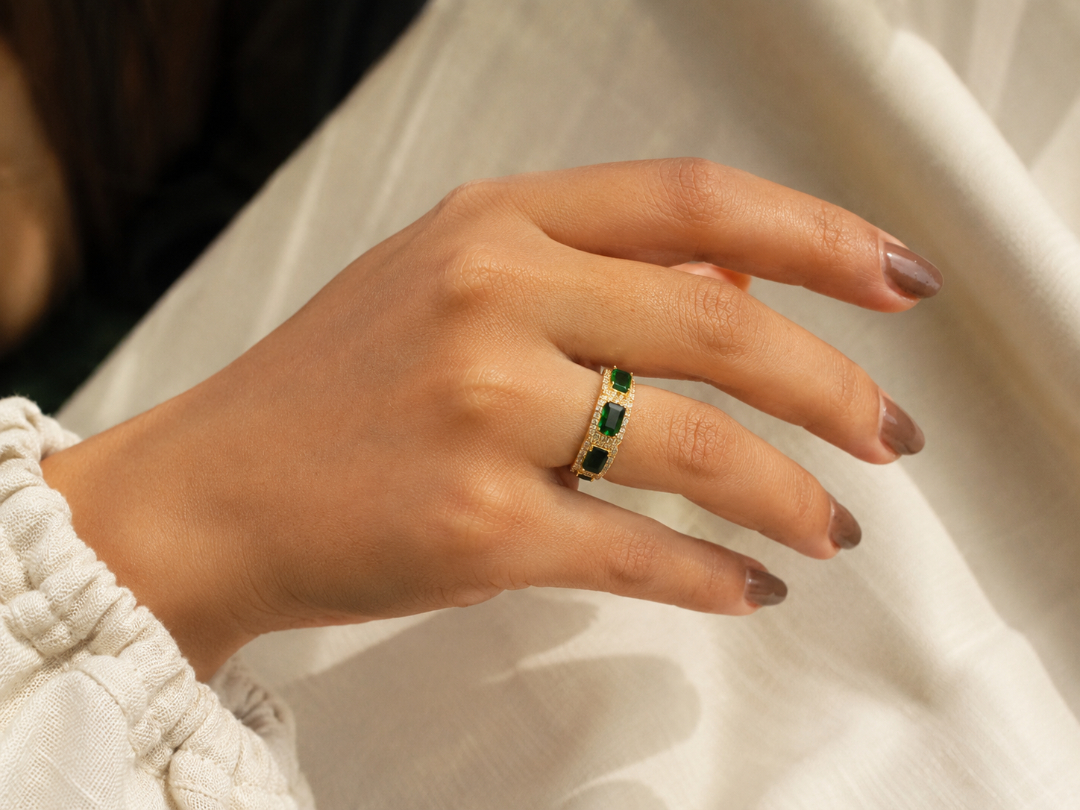 Triple Emerald Zircon Ring– Brass Gold Plated