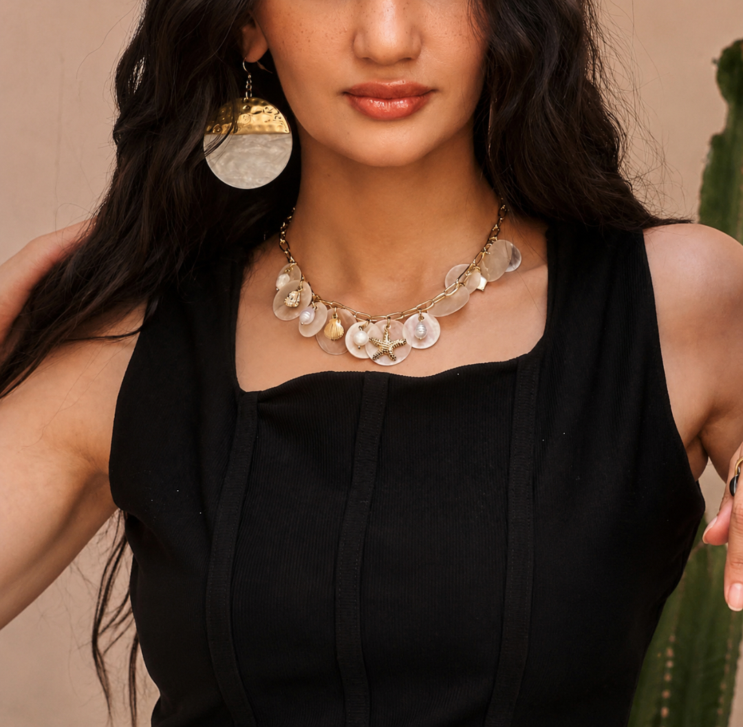 Gold Chain Shell & Ocean Charms Statement Necklace