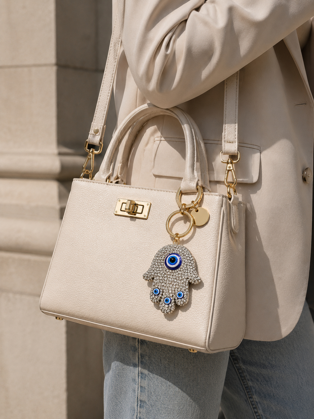 silver Hamsa Evil Eye Keychain