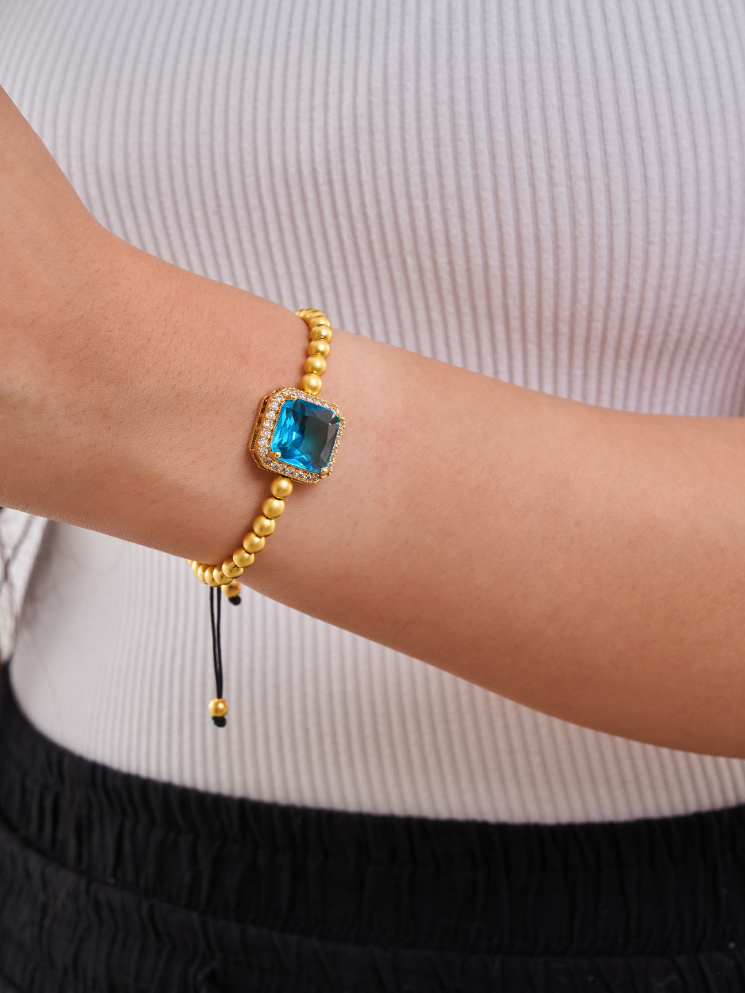 Blue Zircon Square Charm Hematite Bracelet