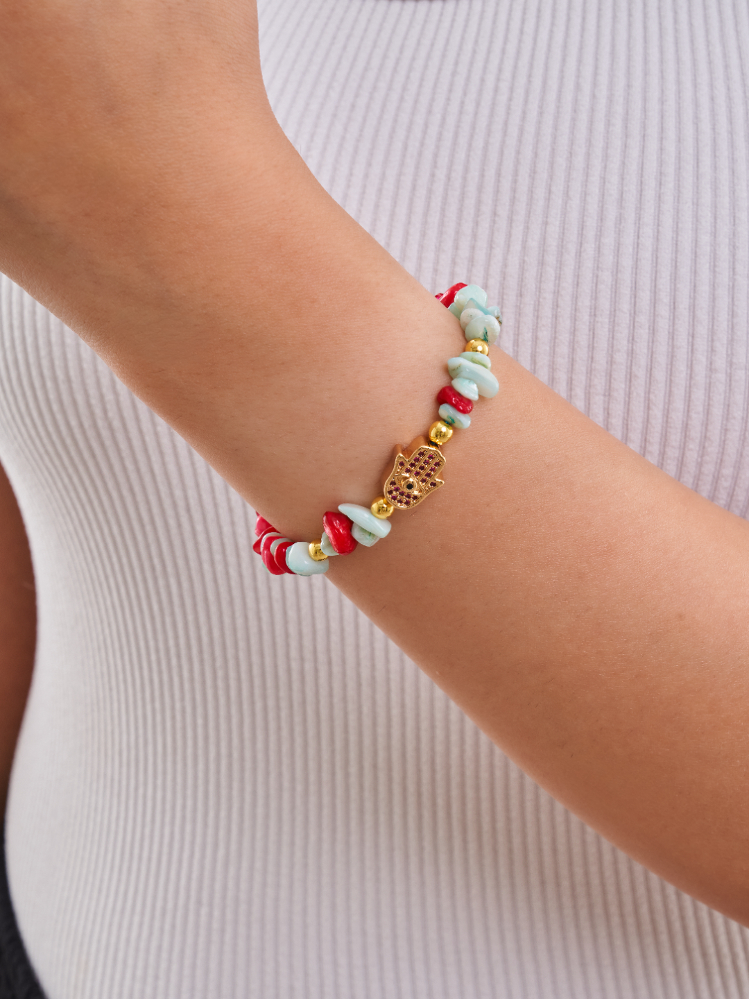 Amazonite & Coral Hamsa Bracelet