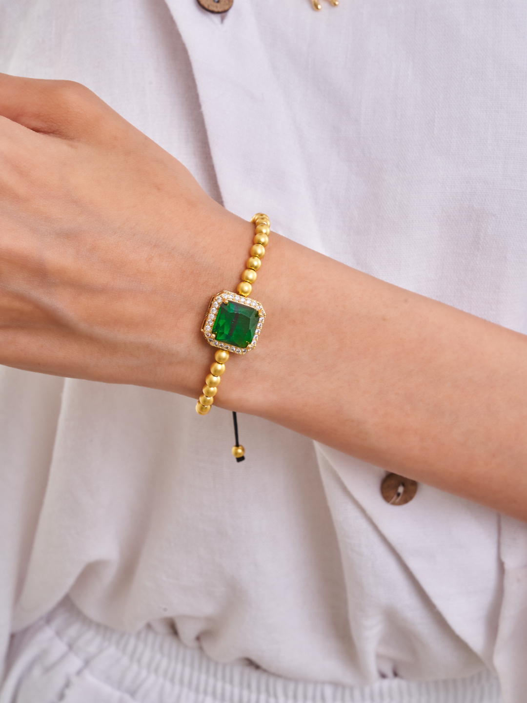 Green Zircon Square Charm Hematite Bracelet