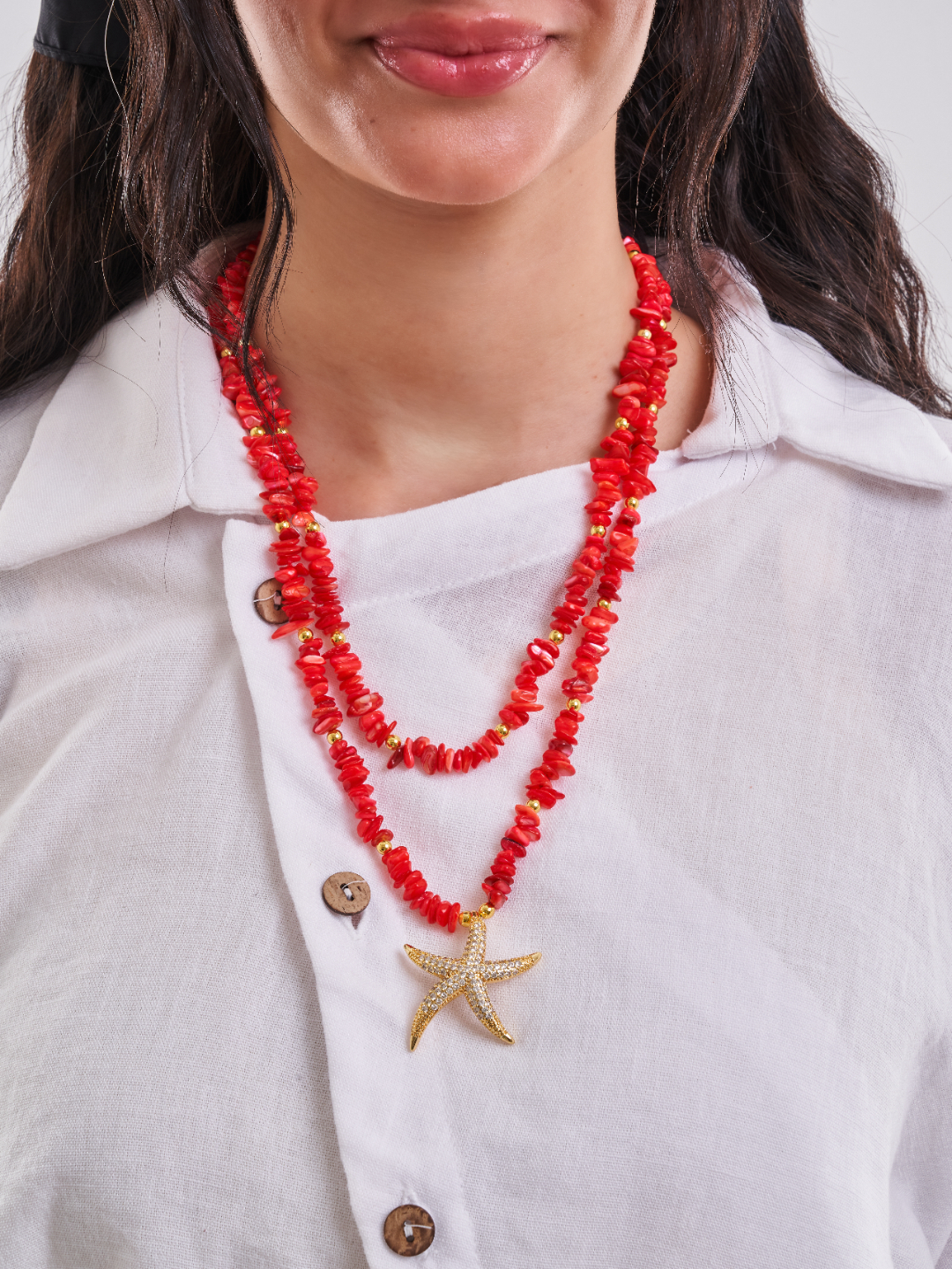 Red Coral Starfish Layered Necklace Set