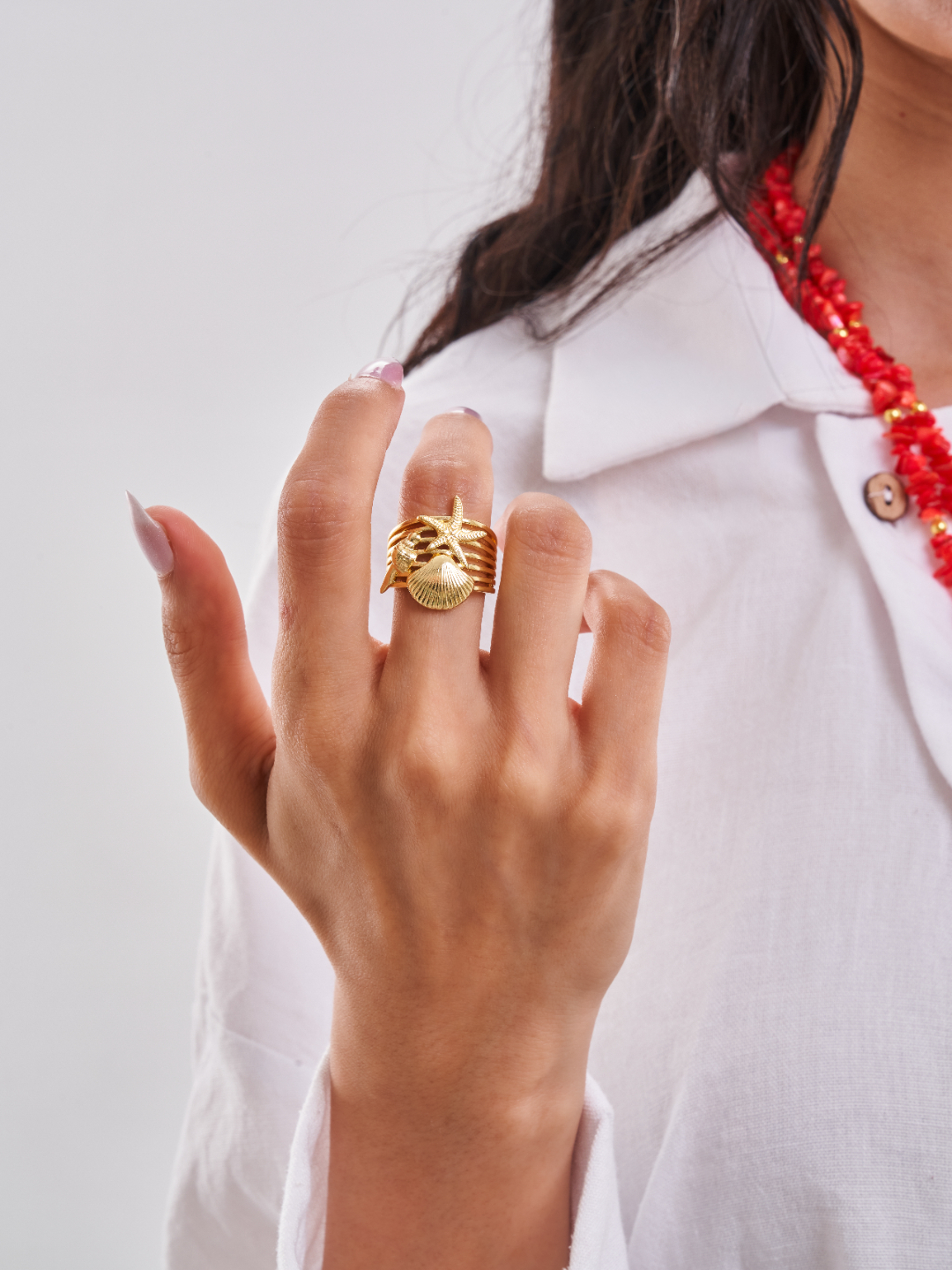Starfish & Shell Stainless Steel Ring