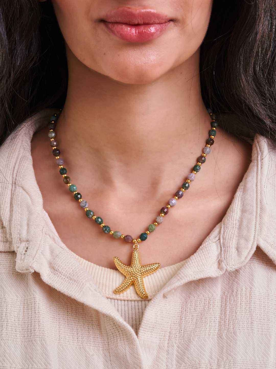 Multicolor Gemstone Starfish Pendant Necklace
