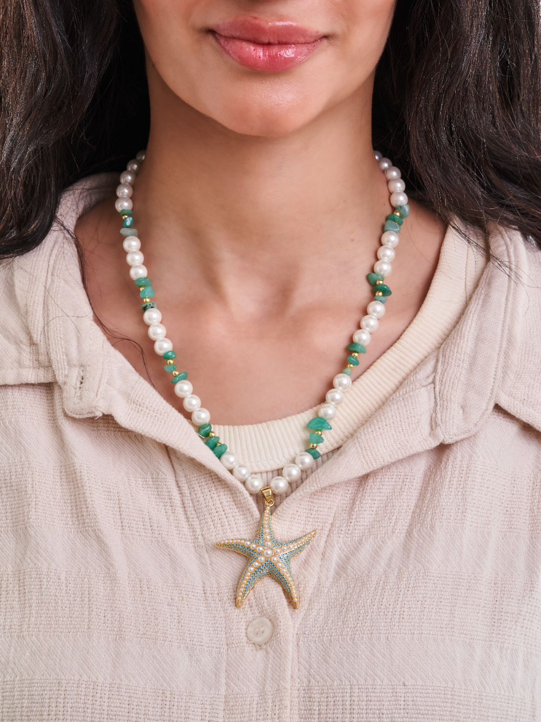 Pearl & Aqua Aventurine Starfish Necklace