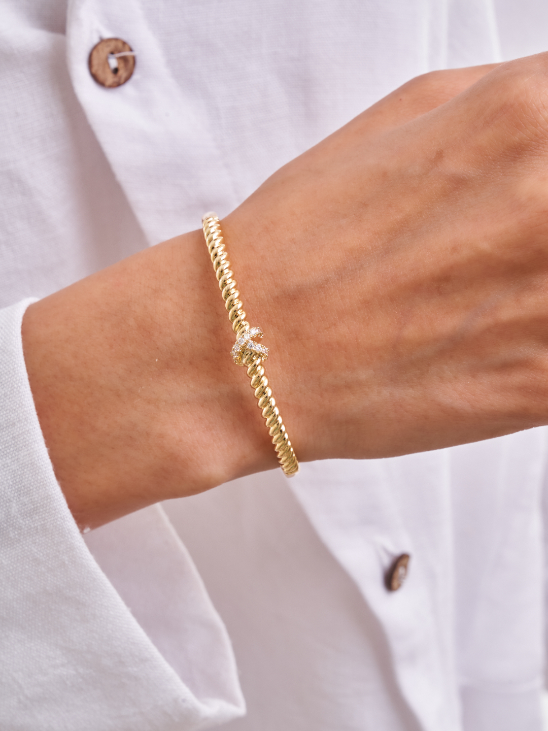 Twisted White Zircon Charm Cuff Bracelet