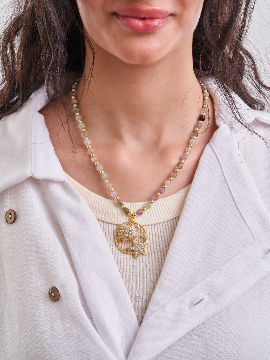 Pastel Gemstone Seashell & Starfish Pendant Necklace